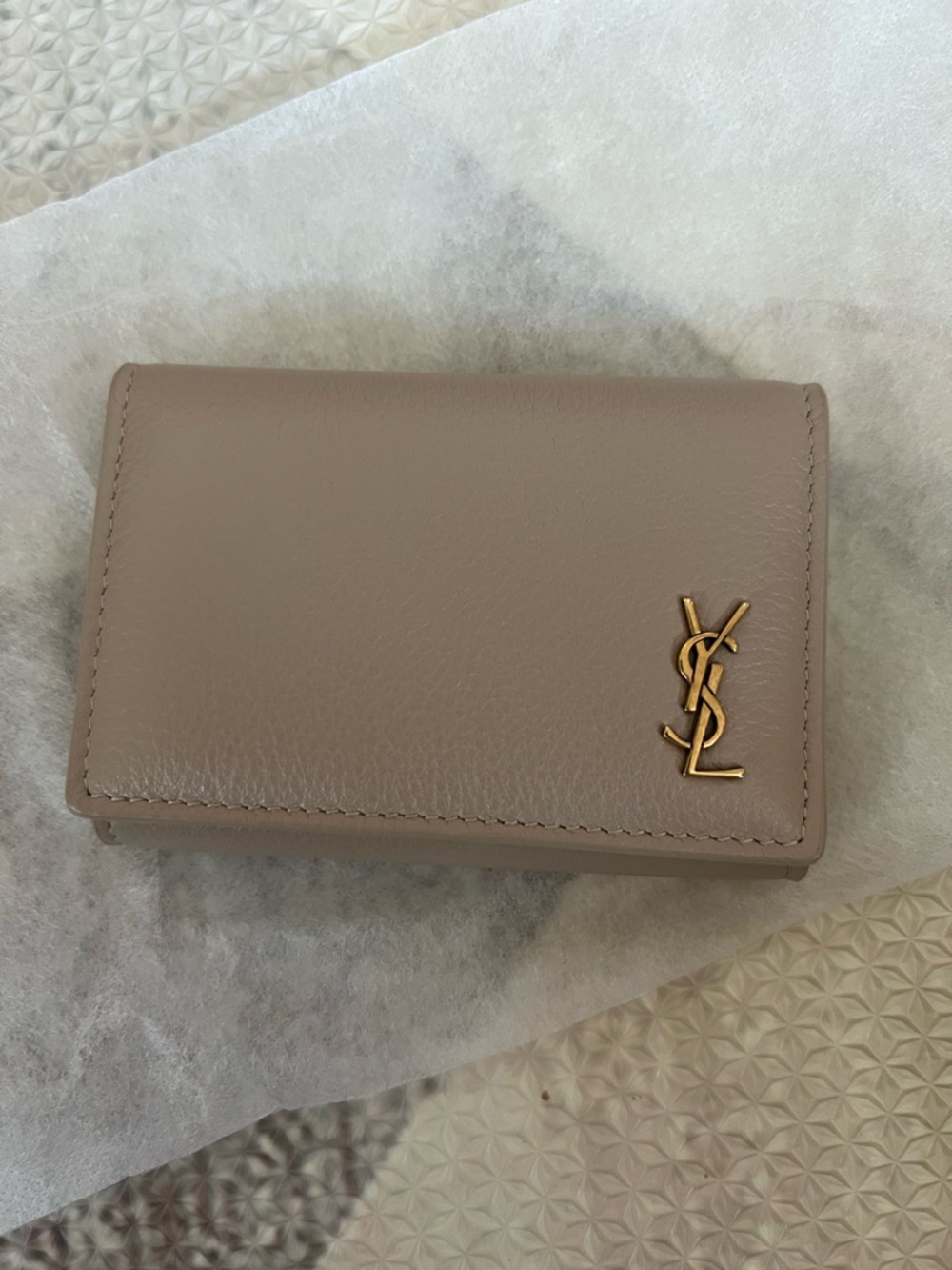NWOT compact YSL trifold Keycase/ card case in taupe beige with gold hardware